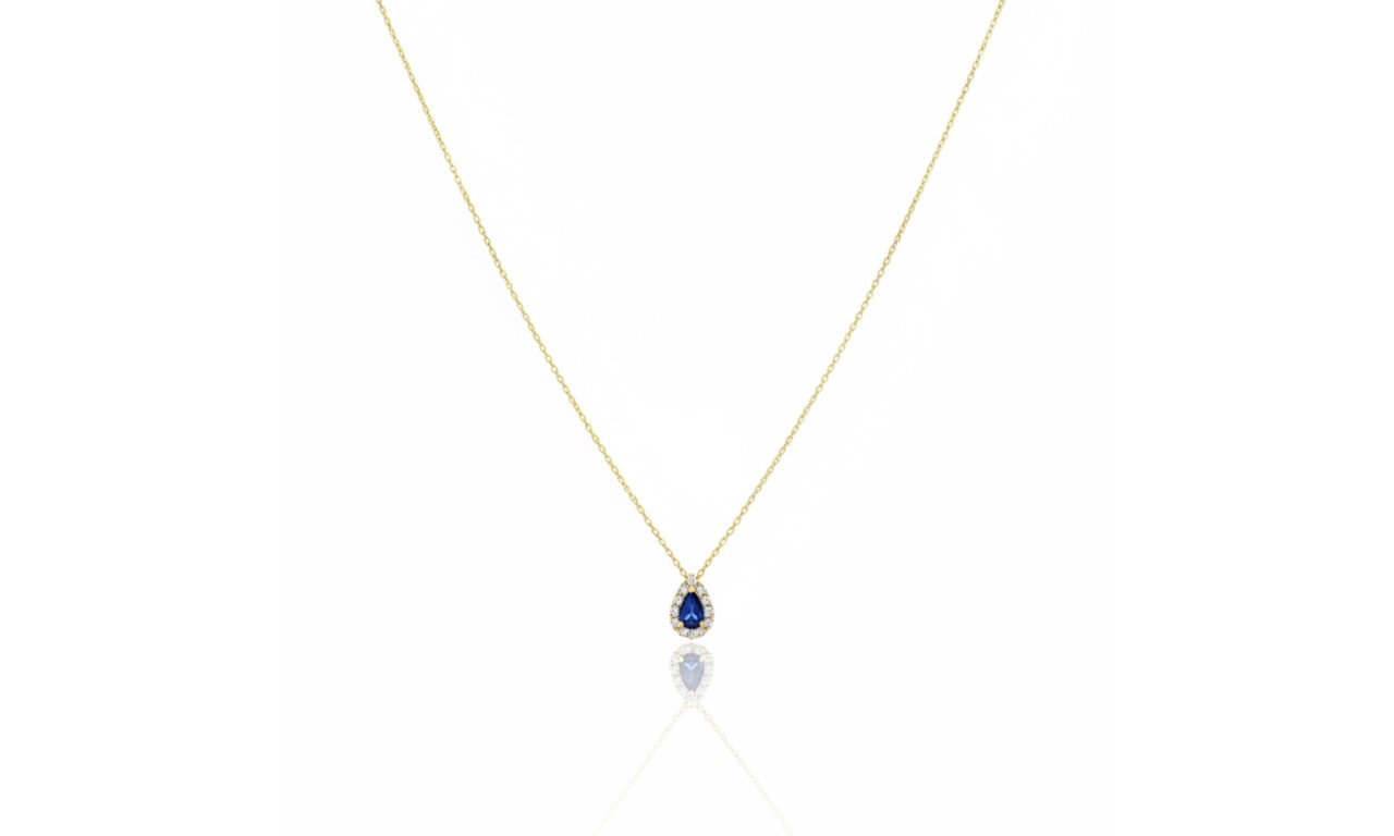 Colar Gota Safira Micro Cravação Banho de Ouro 18k.