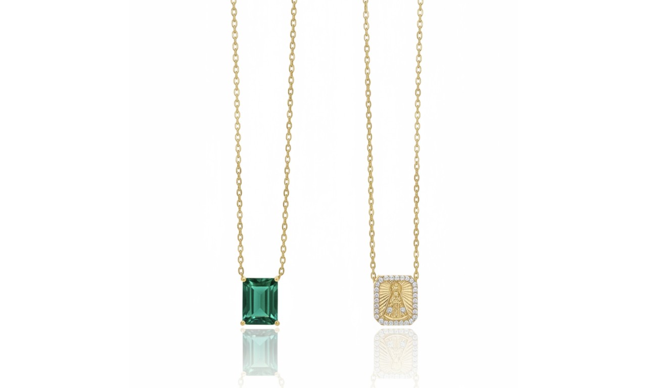 Colar Escapulário Nossa Senhora Aparecida Esmeralda Escura Fusion Banho de Ouro18k.