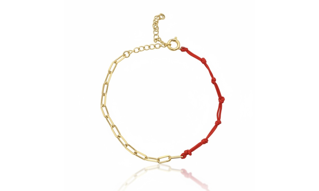 Pulseira Vermelha 7 Nós Corrente Banho de Ouro 18k