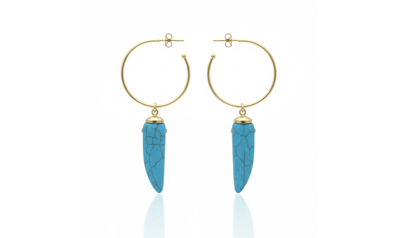 Brinco Dente Turquesa Argola Banho de Ouro 18k.