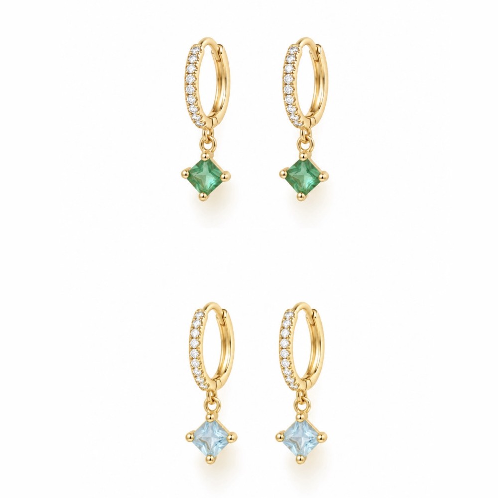 Brinco Argola Esmeralda ou Água Marinha Banho de Ouro 18k Brinco Argola Esmeralda ou Água Marinha Banho de Ouro 18k