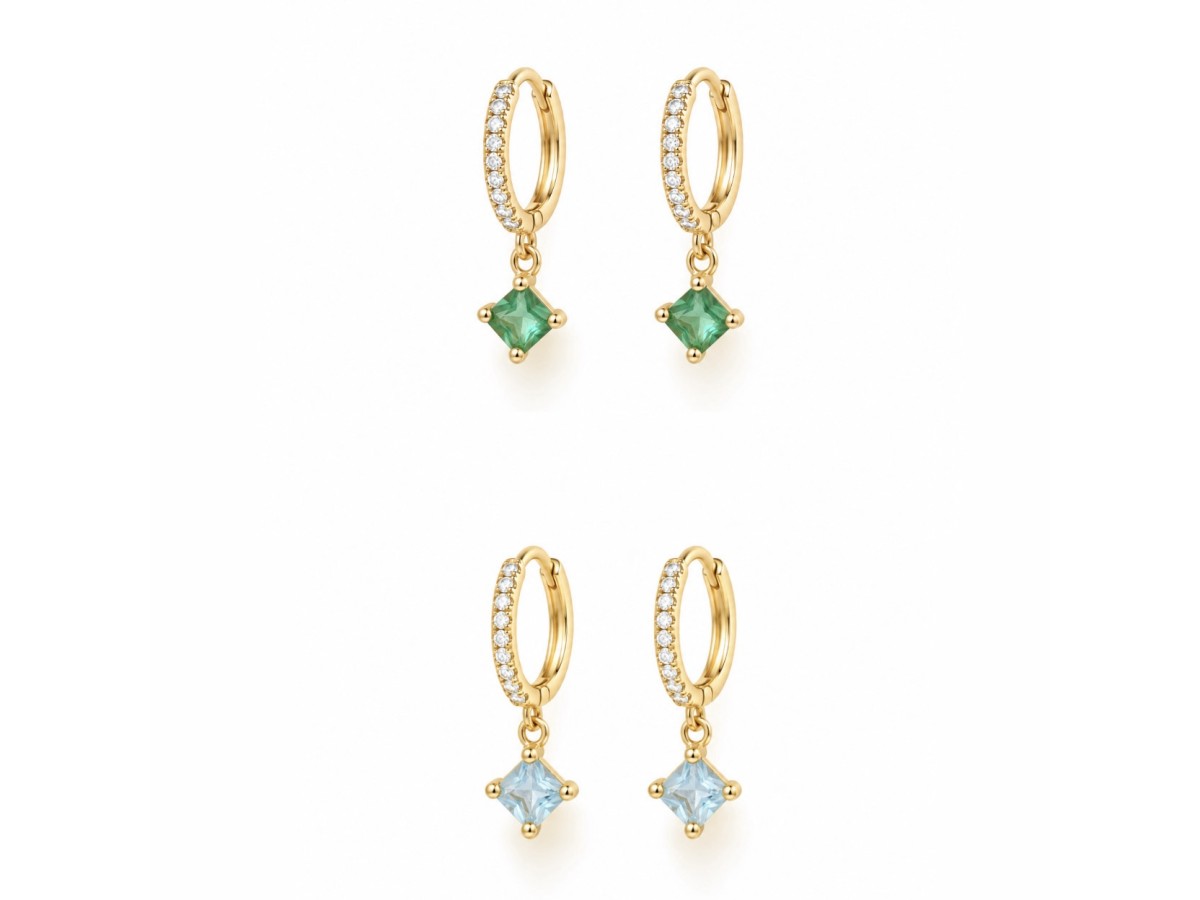 Brinco Argola Esmeralda ou Água Marinha Banho de Ouro 18k