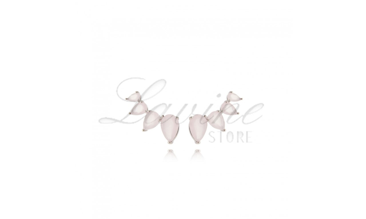 Brinco Ear Cuff Gotas Rodio com Quartzo Rosa