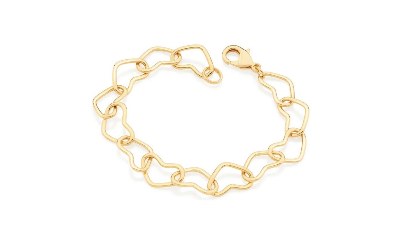 Pulseira Corações Grandes Banho de Ouro 18k.