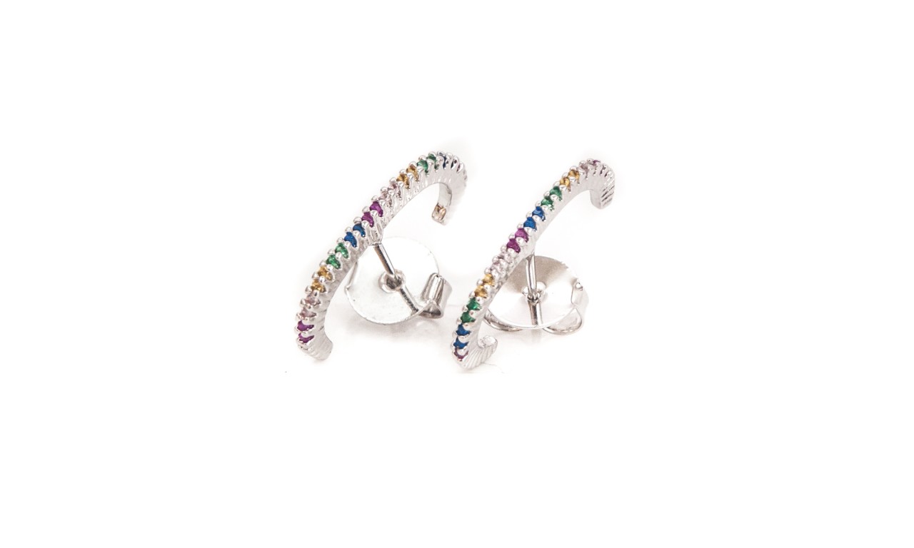 Brinco Ear Hook Rainbow Banho de Ródio Branco.