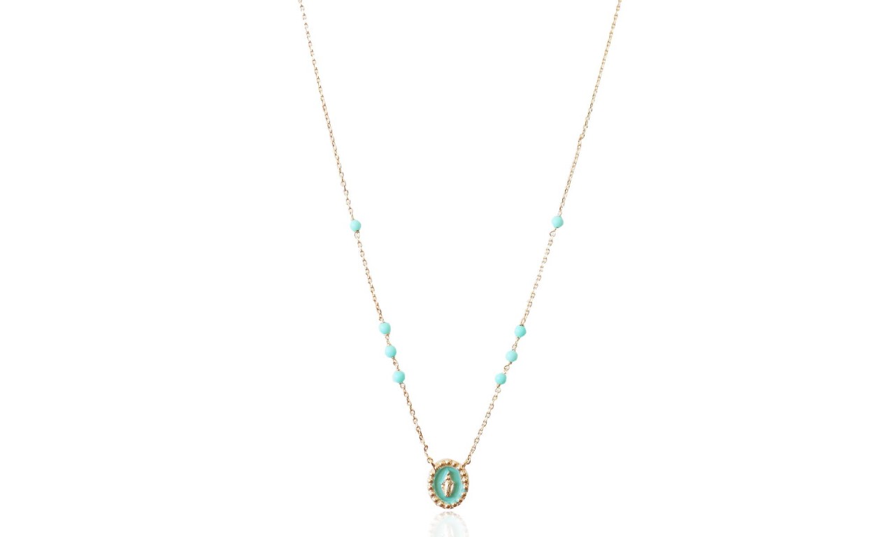 Colar Medalha Azul Banho de Ouro 18k.